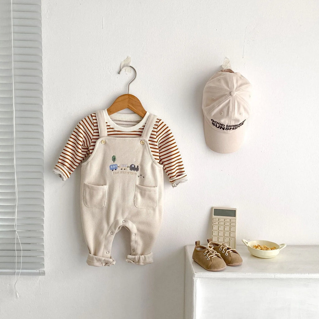 Unisex baby cotton striped top and bib pants set with car embroidery in size 80cm