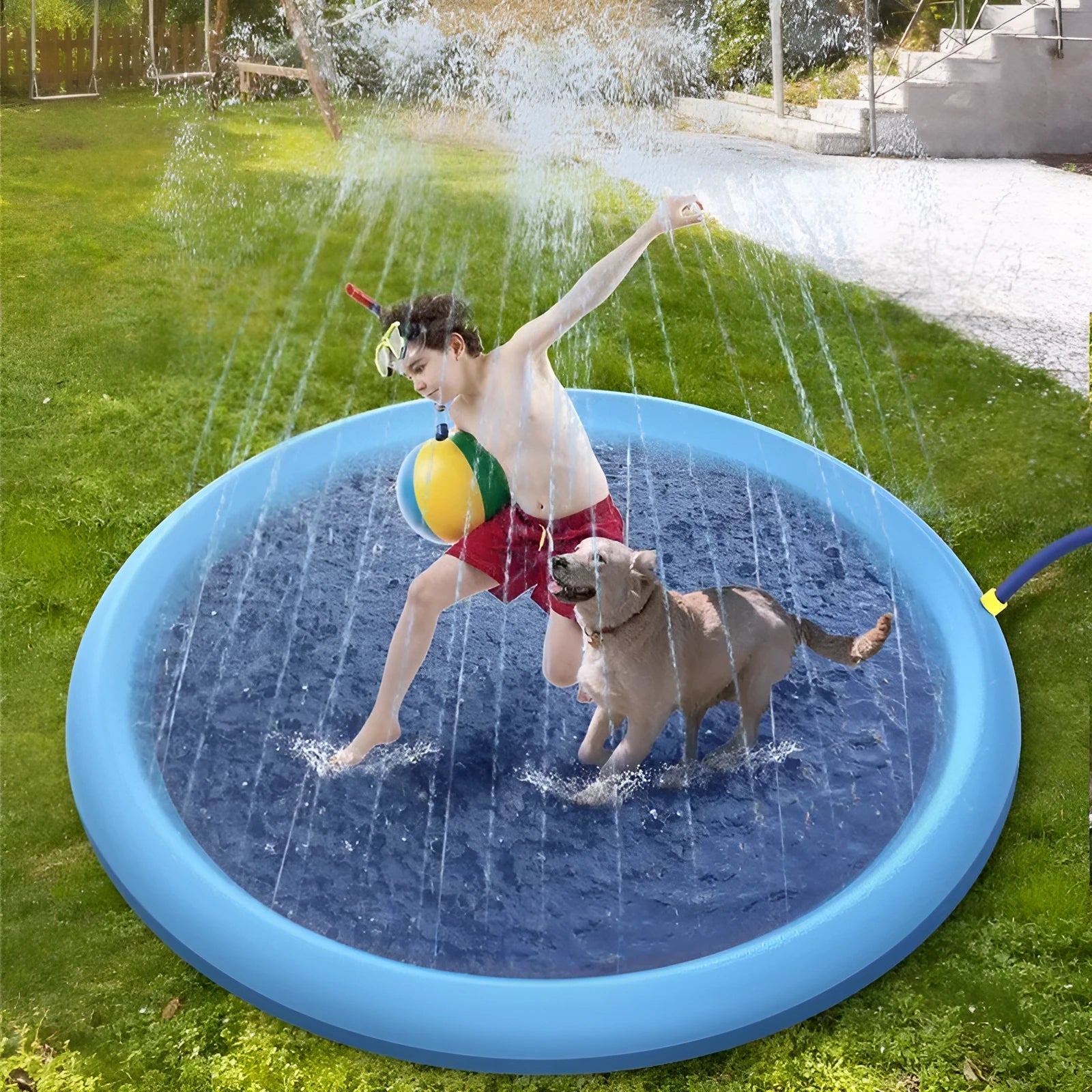 Non-slip PVC splash pad in blue for kids and pet dogs, 150cm inflated diameter, outdoor summer water play mat
