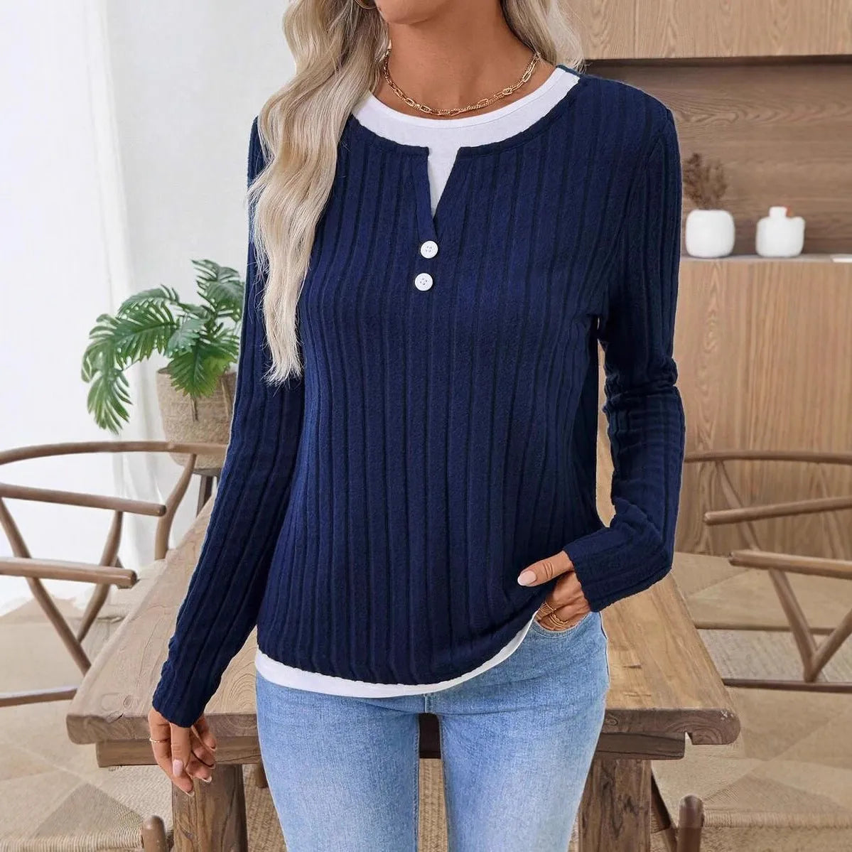 Women's two-piece style pullover sweater in concave stripe polyester with round neck button detail