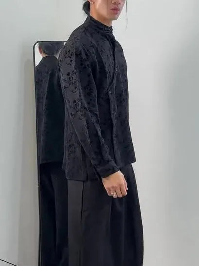 Black jacquard mandarin collar top with asymmetric button placket, polyester, regular fit