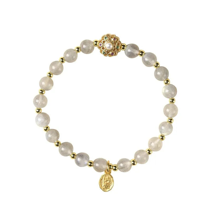 Gray moonstone fairy lucky bracelet with hand-woven crystal beads in pastoral style