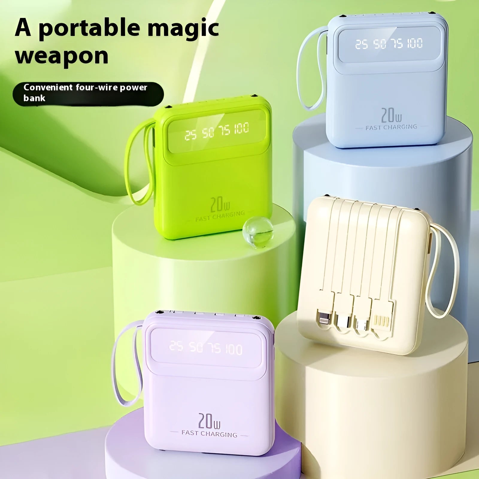 Mini power bank with four built-in cables and digital display in beige colour