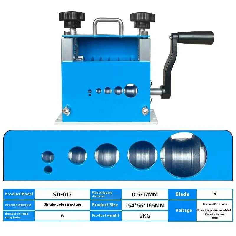 SD-017 manual wire stripping machine with adjustable dial for cable diameters from 0.5 to 17 millimetres.