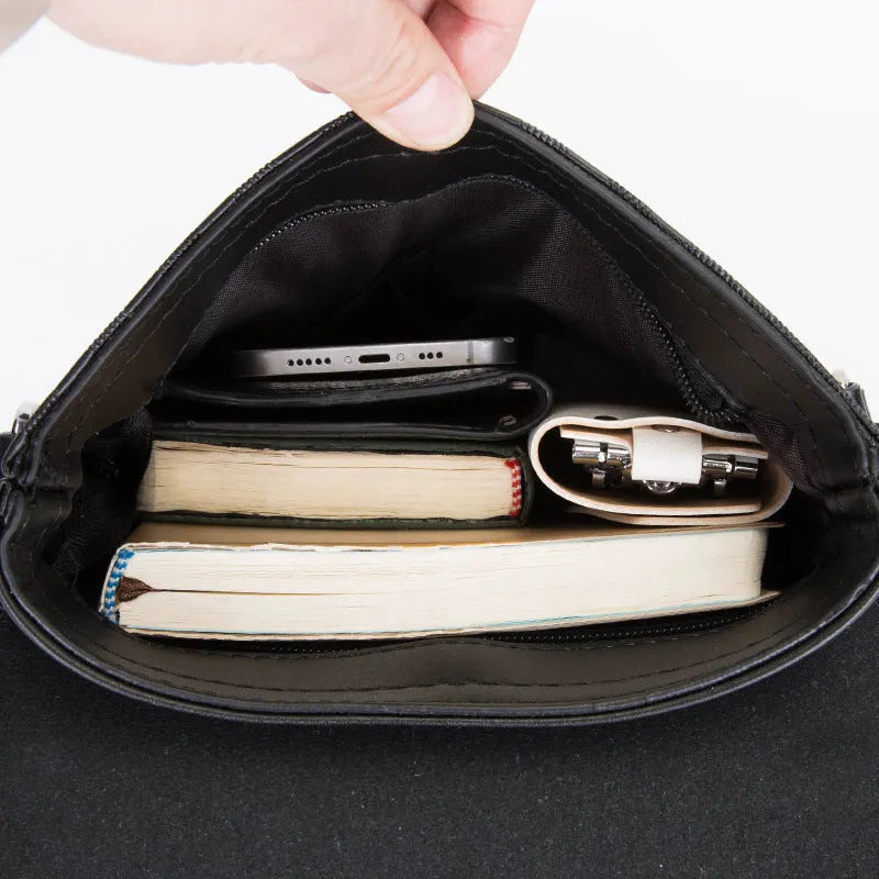 Men's crossbody PU leather messenger bag square vertical section plaid pattern black cover opening
