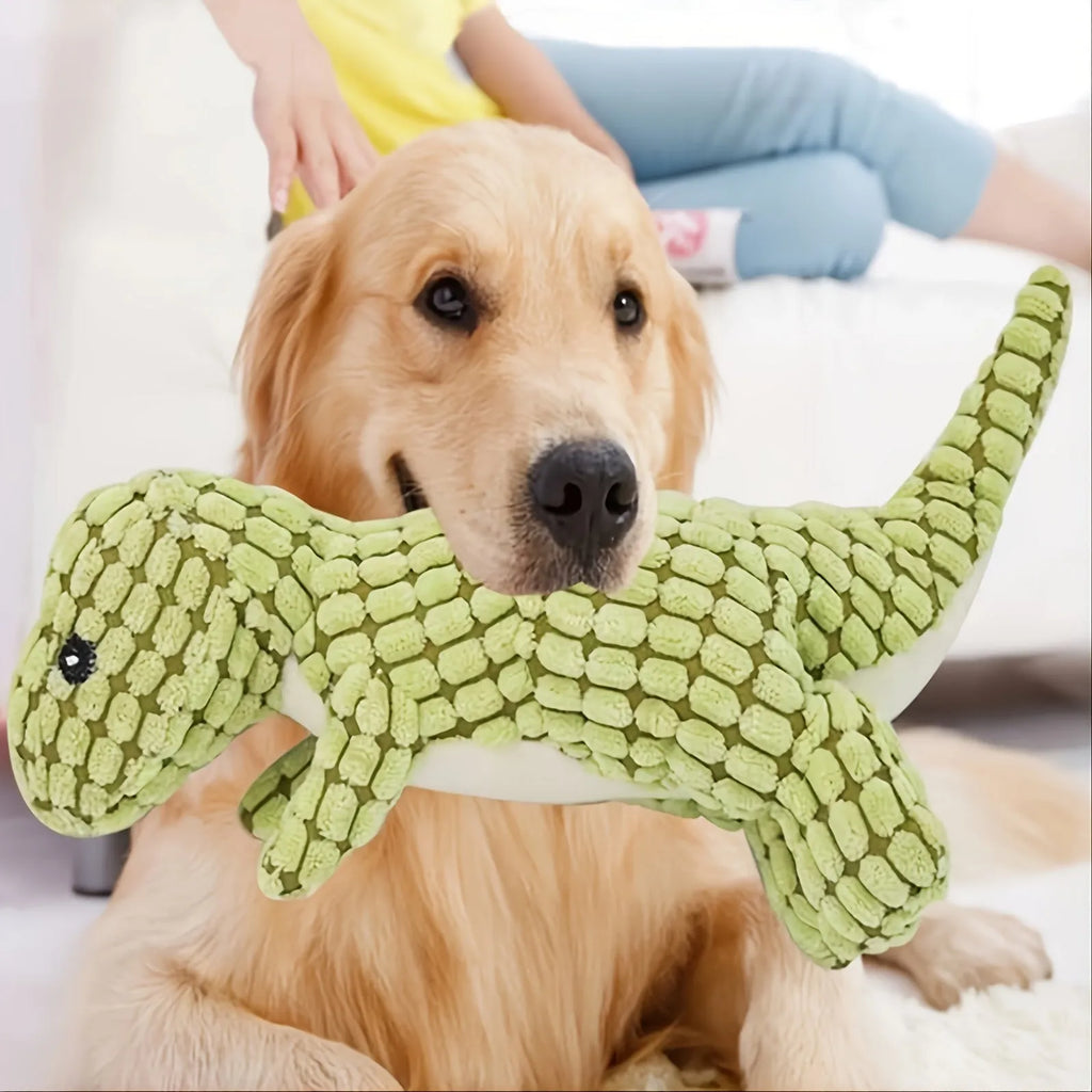 Grey, green, and orange squeaker dog chew toy with rope centre for large breeds.