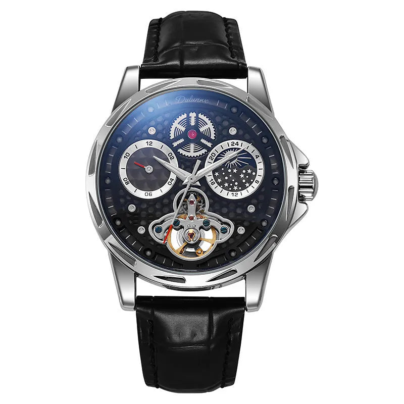 Men's black and white automatic business watch with luminous hands on steel bracelet