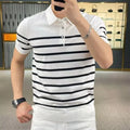 Man wearing a black knit T-shirt with a white striped lapel design, smart casual style.