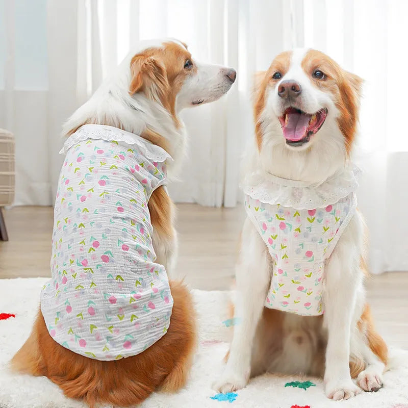All-cotton breathable pet vest for dogs and cats, blue stripe bear head pattern, size 2XL, shown on a small dog