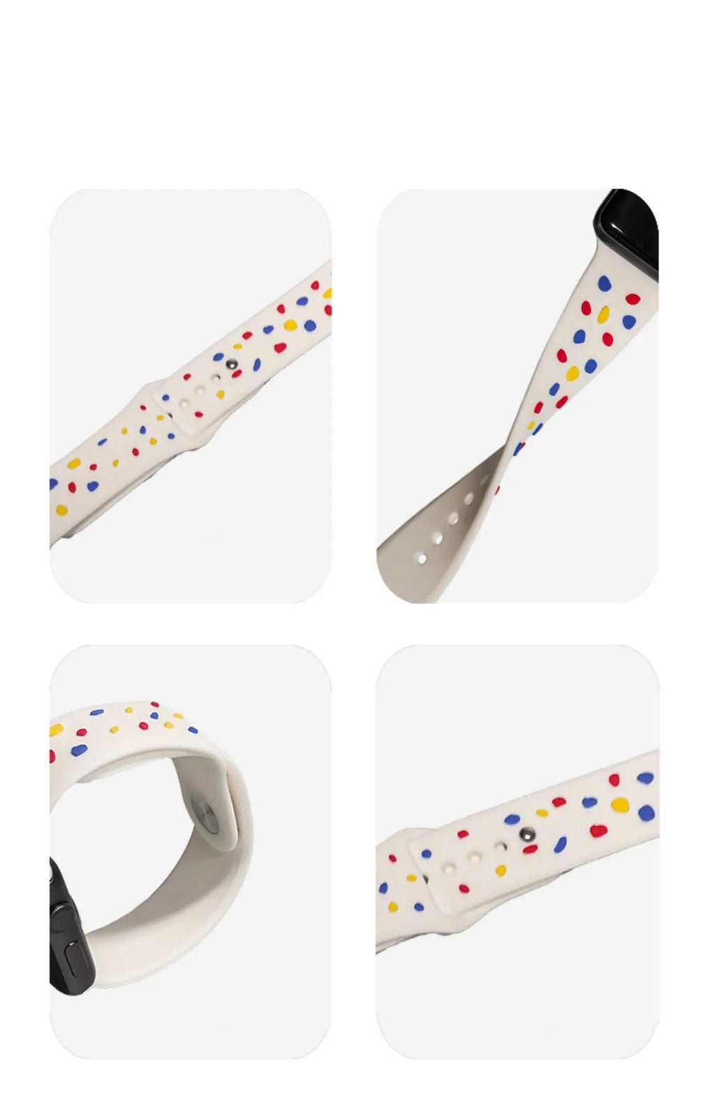 White silicone watch band with red and blue dots for Apple Watch 38mm to 45mm, 1st-8th generation