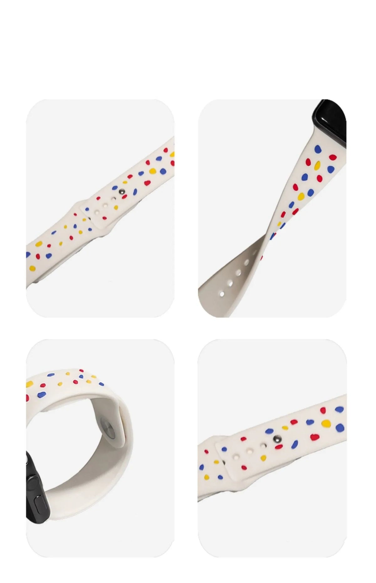 White silicone watch band with red and blue dots for Apple Watch 38mm to 45mm, 1st-8th generation