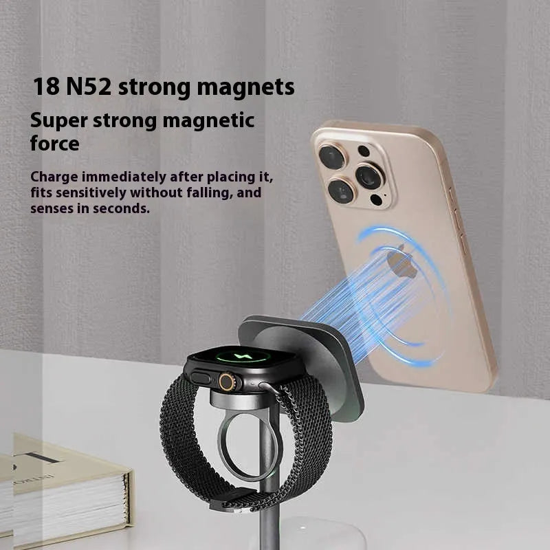 Three-in-one basketball magnetic wireless charger with aluminium alloy body in black, red blue, and silver grey for iPhone, Apple Watch, and AirPods