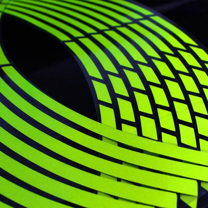 Green reflective PVC motorcycle wheel rim sticker on a 12-inch rim broken-section design
