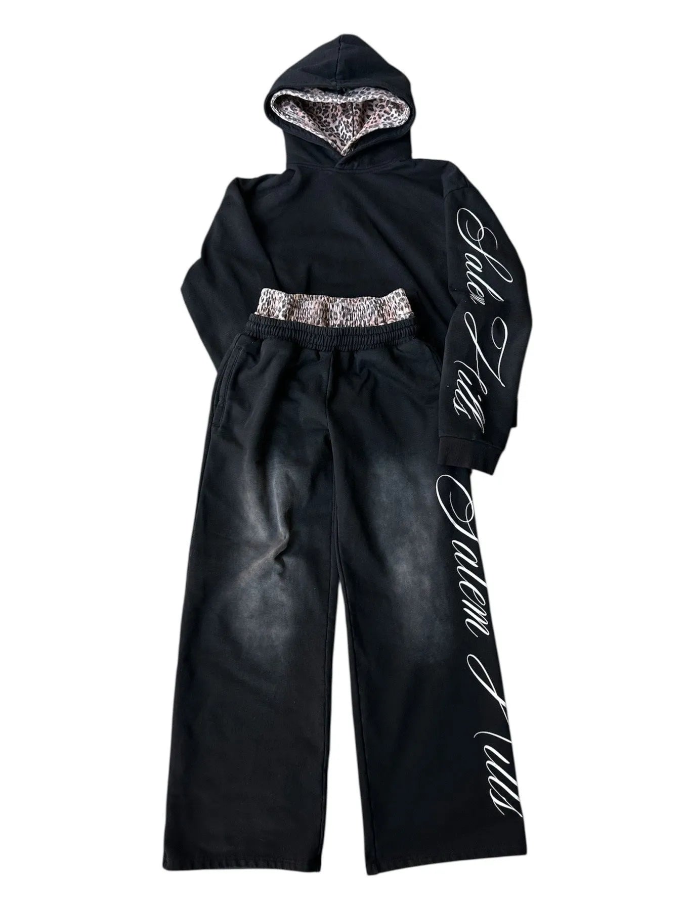 Men's punk print pullover hoodie two-piece set with long sleeves and fleece lining