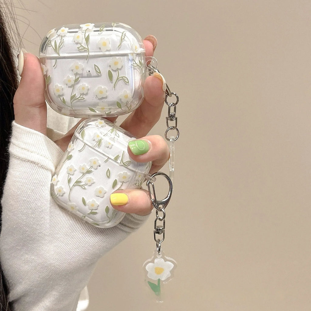 Clear TPU AirPods protective case cover with white floral design on transparent background