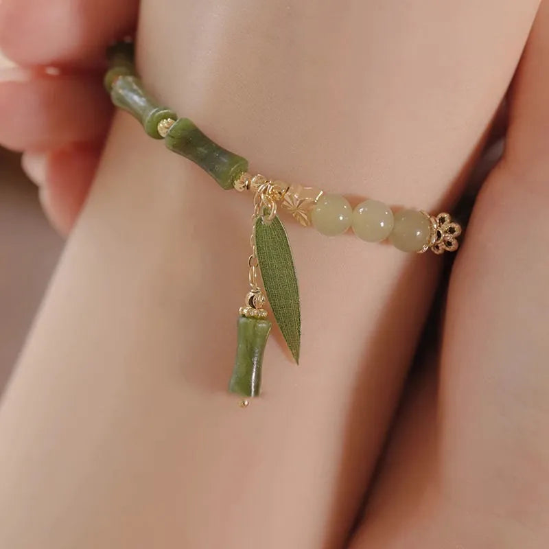 Chinese style bamboo leaf glass bracelet for women with manual craftsmanship.