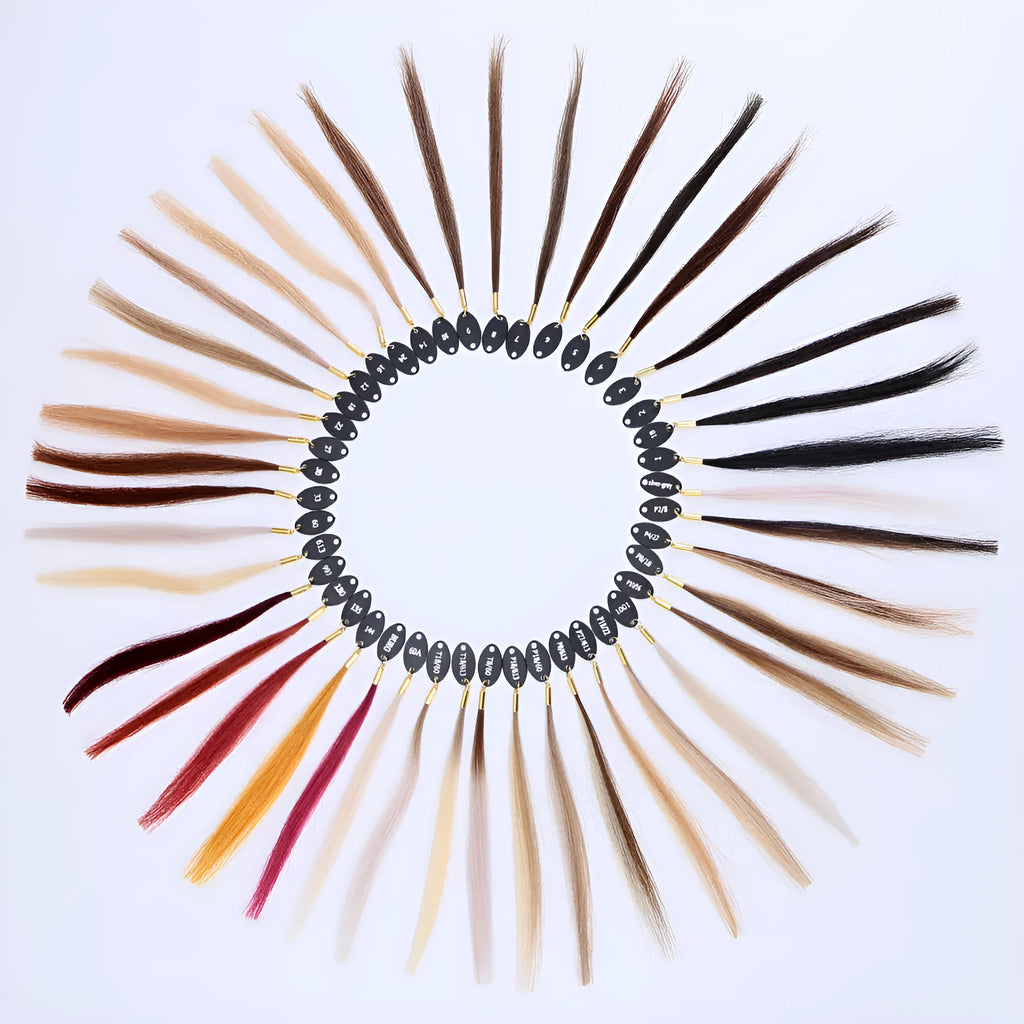Hand-woven human hair colour board with 48 colour strands for salon colour matching