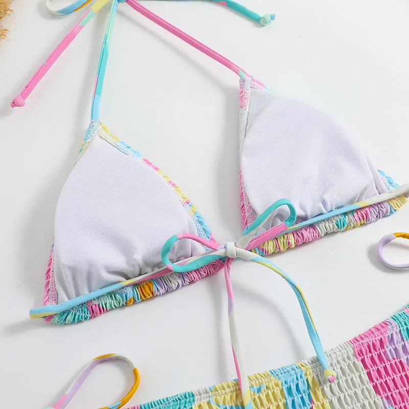 Women's multicolour floral printed triangle bikini with smocking detail and brief bottoms