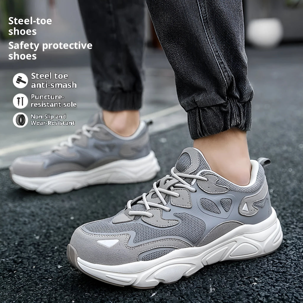 Steel head non-slip soft bottom breathable mesh shoes low top lace-up safety footwear in Black Illusion