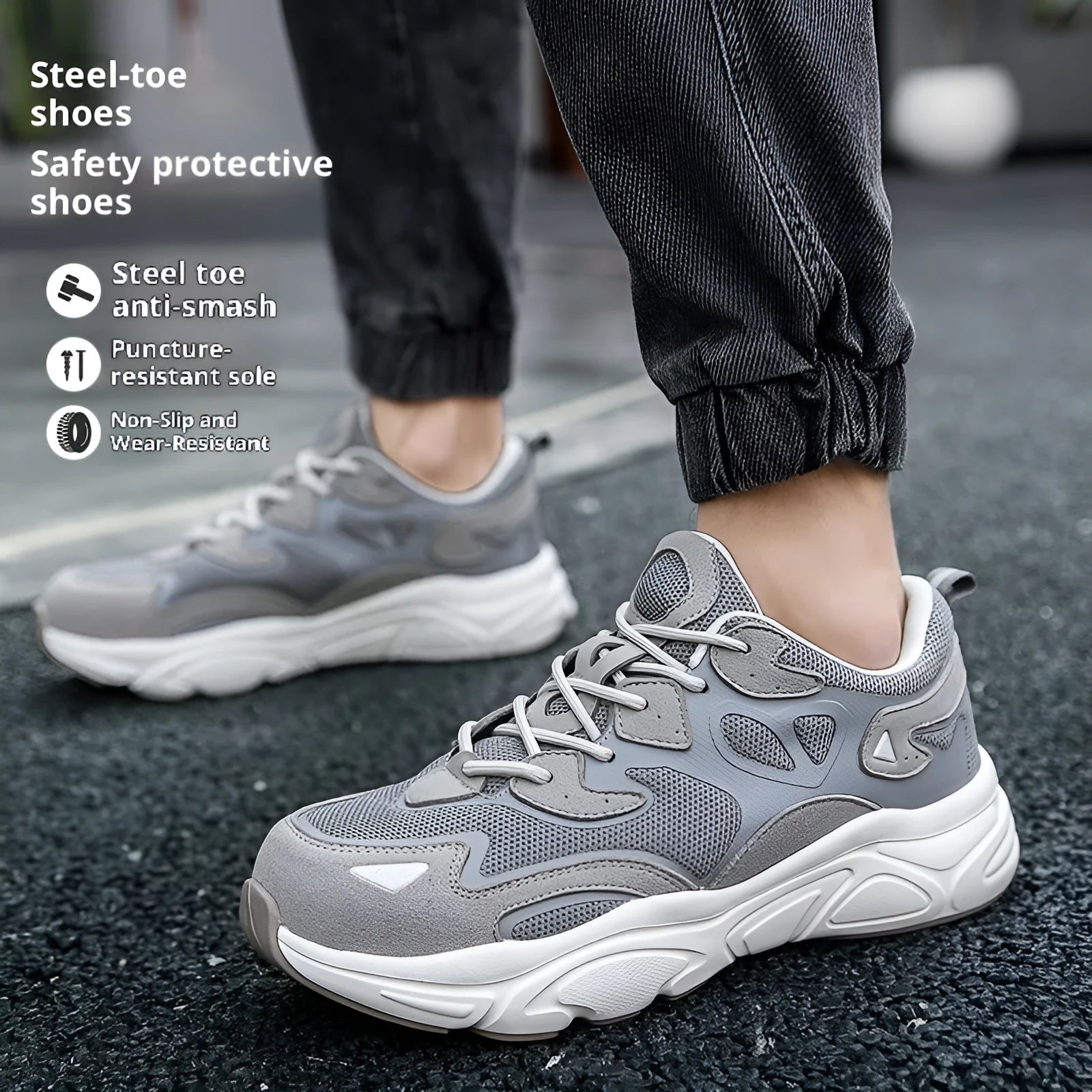 Steel head non-slip soft bottom breathable mesh shoes low top lace-up safety footwear in Black Illusion
