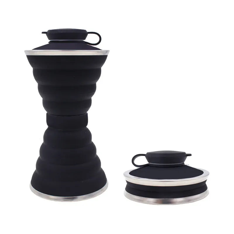 500ml silicone collapsible water bottle cup shown both expanded and folded with stainless steel rim