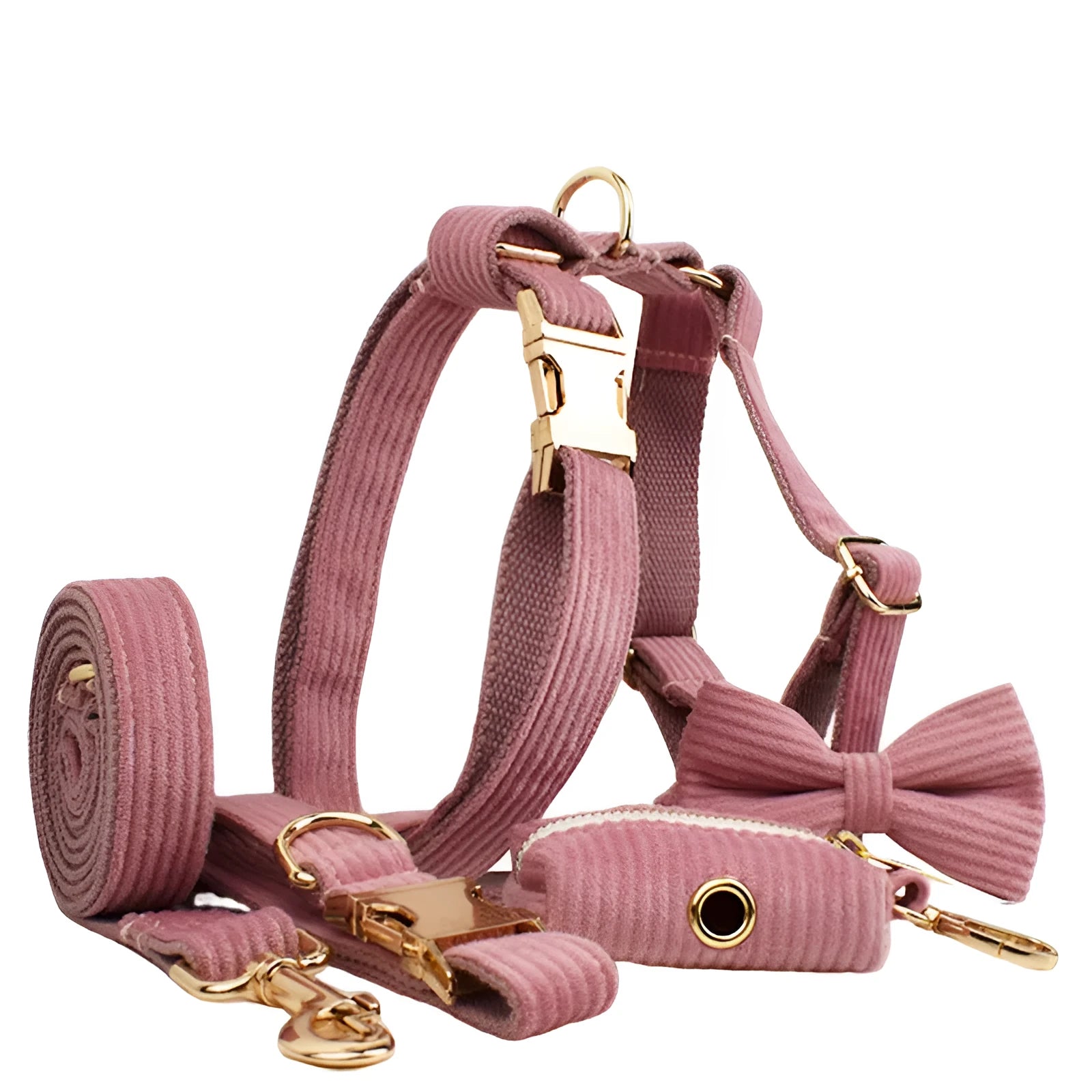 Corduroy dog collar and matching accessories including leash, vest, bow tie, and poop bag holder