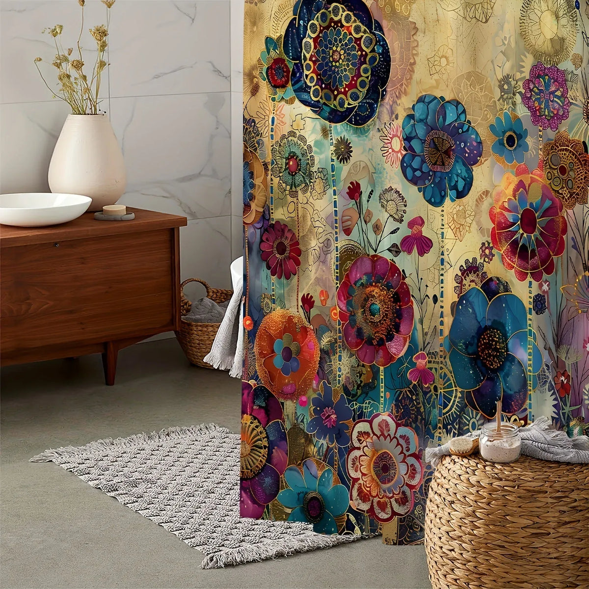 Retro creative flower waterproof polyester shower curtain with 12 hooks, available 90x180cm to 230x180cm.