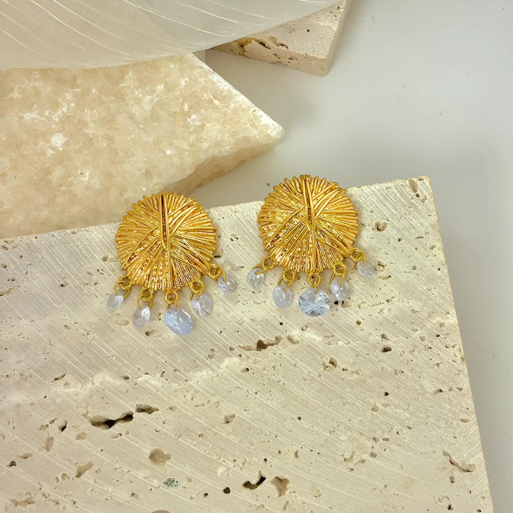 Gold geometric earrings with round elements for women, electroplated metal construction