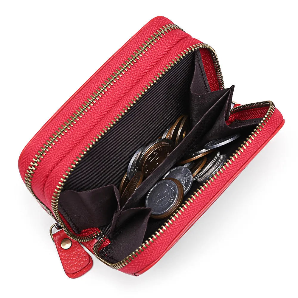 Cowhide double layer zipper expanding card holder in black with anti-theft credit card protection and gift box