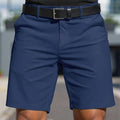 Men's straight cut polyester shorts in solid colours with elastic waistband and fifth pants length