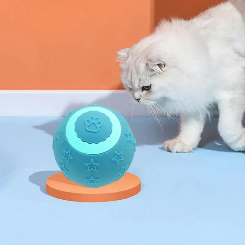 Smart ball cat toy in blue with two rolling modes, rechargeable, made from ABS and silicone