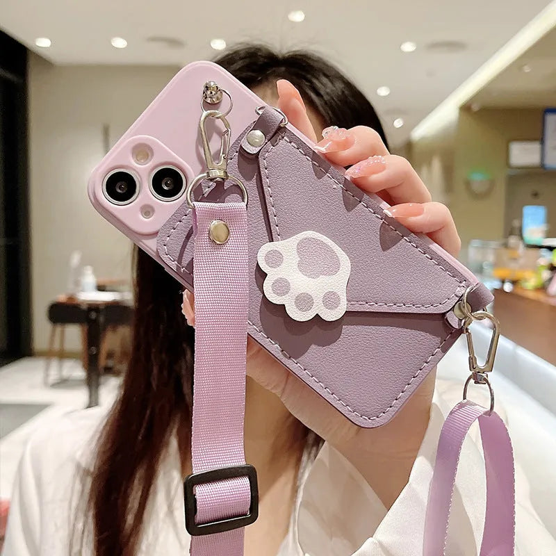 Cat's Paw drop-proof TPU phone case in beige for iPhone 13 with crossbody strap