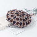 Wool plaid beret in blue light coffee plaid colour with tassel, dome crown, and adjustable fit for women autumn winter