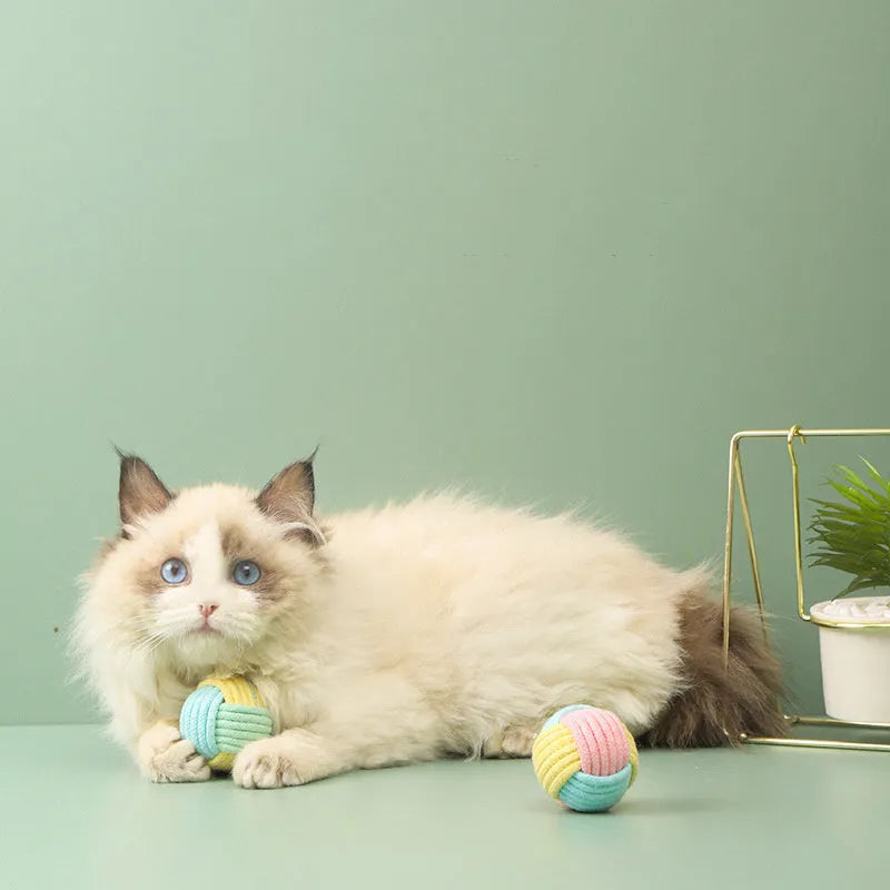 Handmade plush cotton cat hair ball toy in blue powder, green blue, or pink green colours measuring 5cm diameter