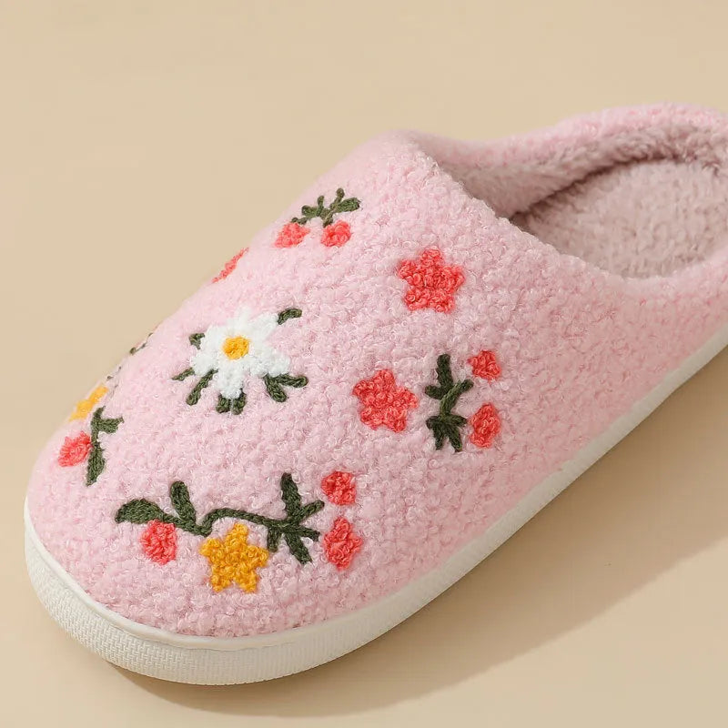 Three-colour flower cotton slippers with plush upper, embroidered detail and TPR sole in sizes 36-45