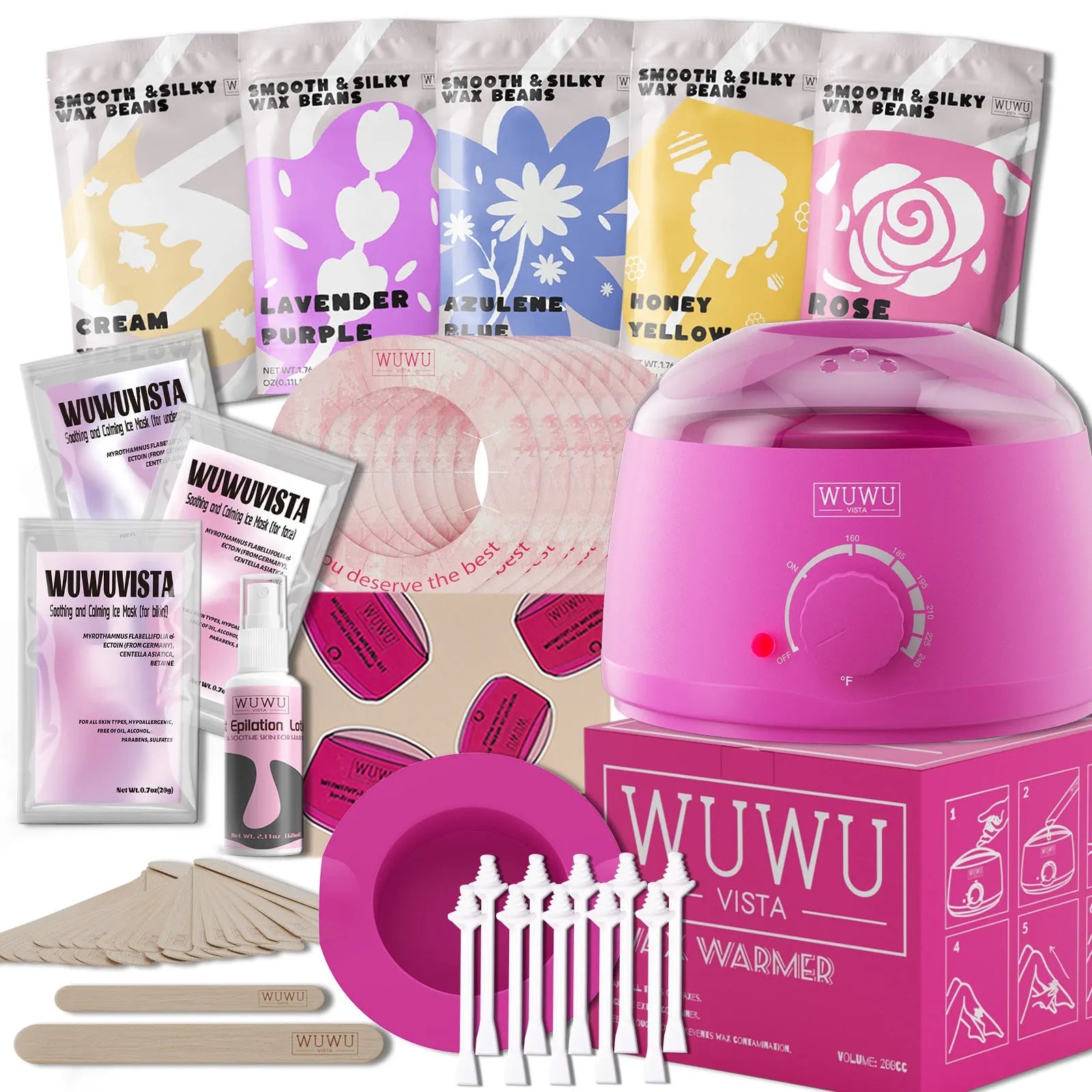 Black or pink professional waxing kit with warmer, five bags of hard wax beans, applicator sticks, lotion, and ice masks.