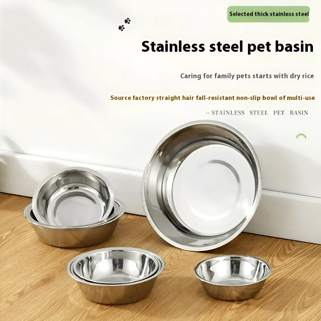 Stainless steel pet bowl with non-slip base, shown in one of five available sizes for dogs and cats.