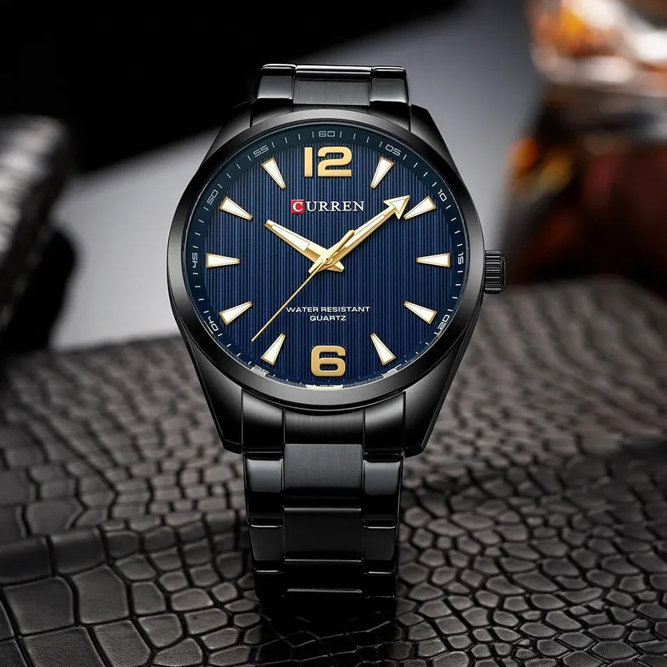 Men's business quartz watch with stainless steel strap, black shell blue colour, 11mm alloy case on display