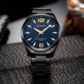 Men's business quartz watch with stainless steel strap, black shell blue colour, 11mm alloy case on display