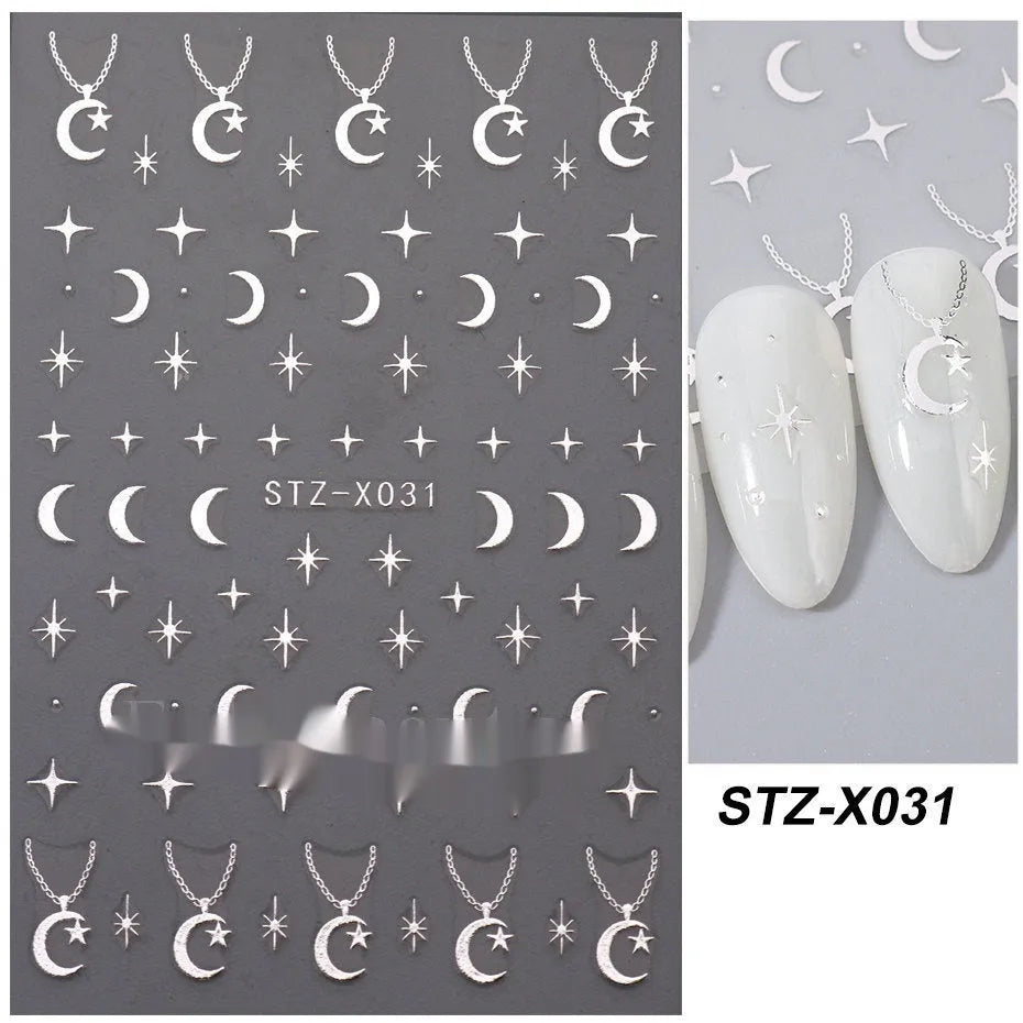 Sheet of black and silver strip nail stickers with love pattern designs from the Cartoon series.