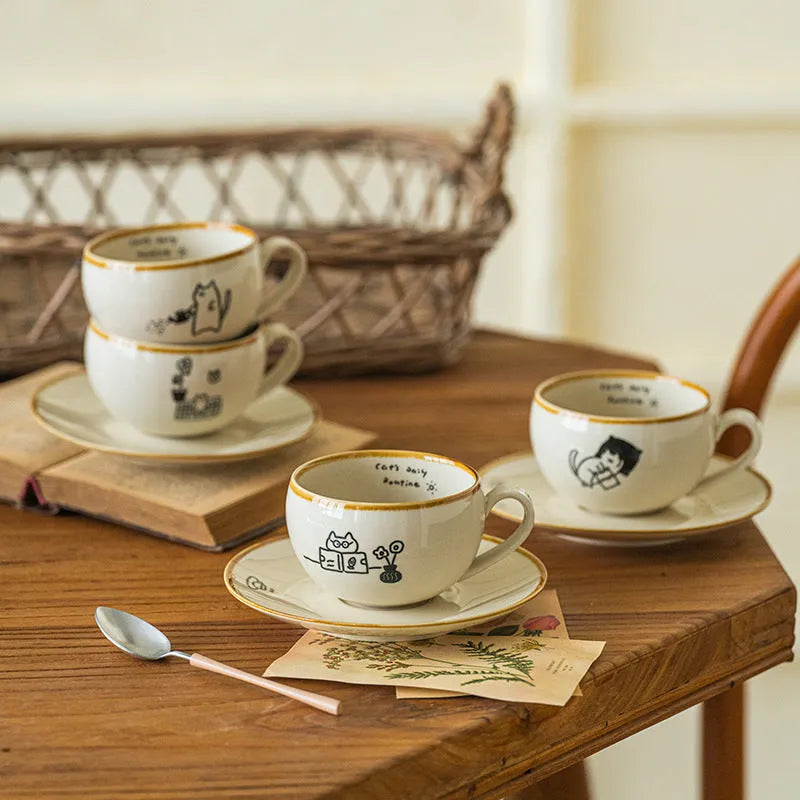 Cute cartoon Japanese cat ceramic coffee cup 250ml with rest illustration on white background