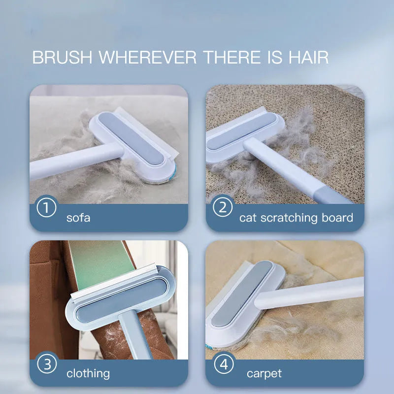 Multifunctional plastic cleaning brush with soft flannel head and extension handle for pet hair and dust.
