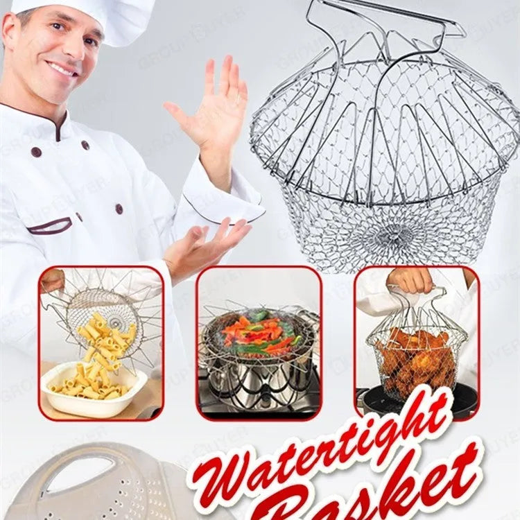 Stainless steel foldable deep fry basket with a grid design and a handle.