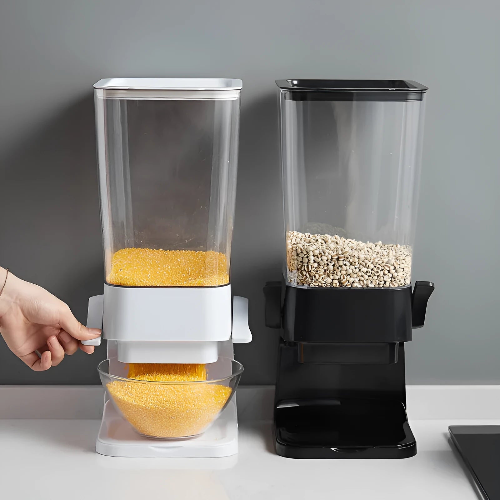 Countertop cereal dispenser in black with 5.5 quart capacity, chute opening, and removable tray
