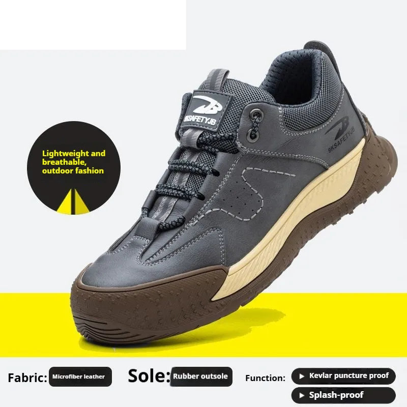 Flyknit leather safety work shoe with rubber sole, shown in available colours.