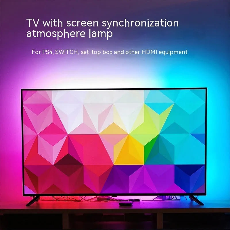 TV sync ambience light streamer with colourful LED backlighting behind television
