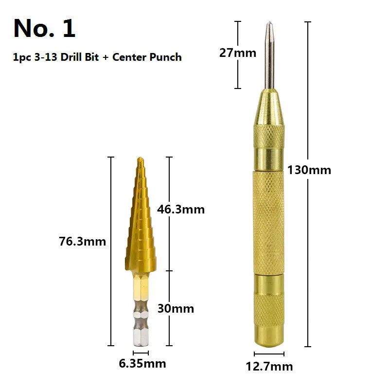 HSS step drill bit and centre punch set for metalworking with three graduated bits