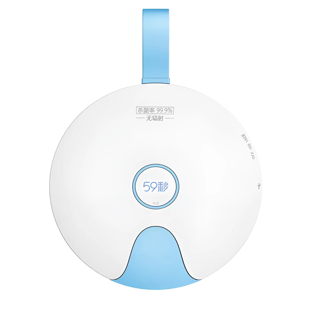 Compact blue or pink portable UV baby bottle sterilizer showing USB port and dimensions.