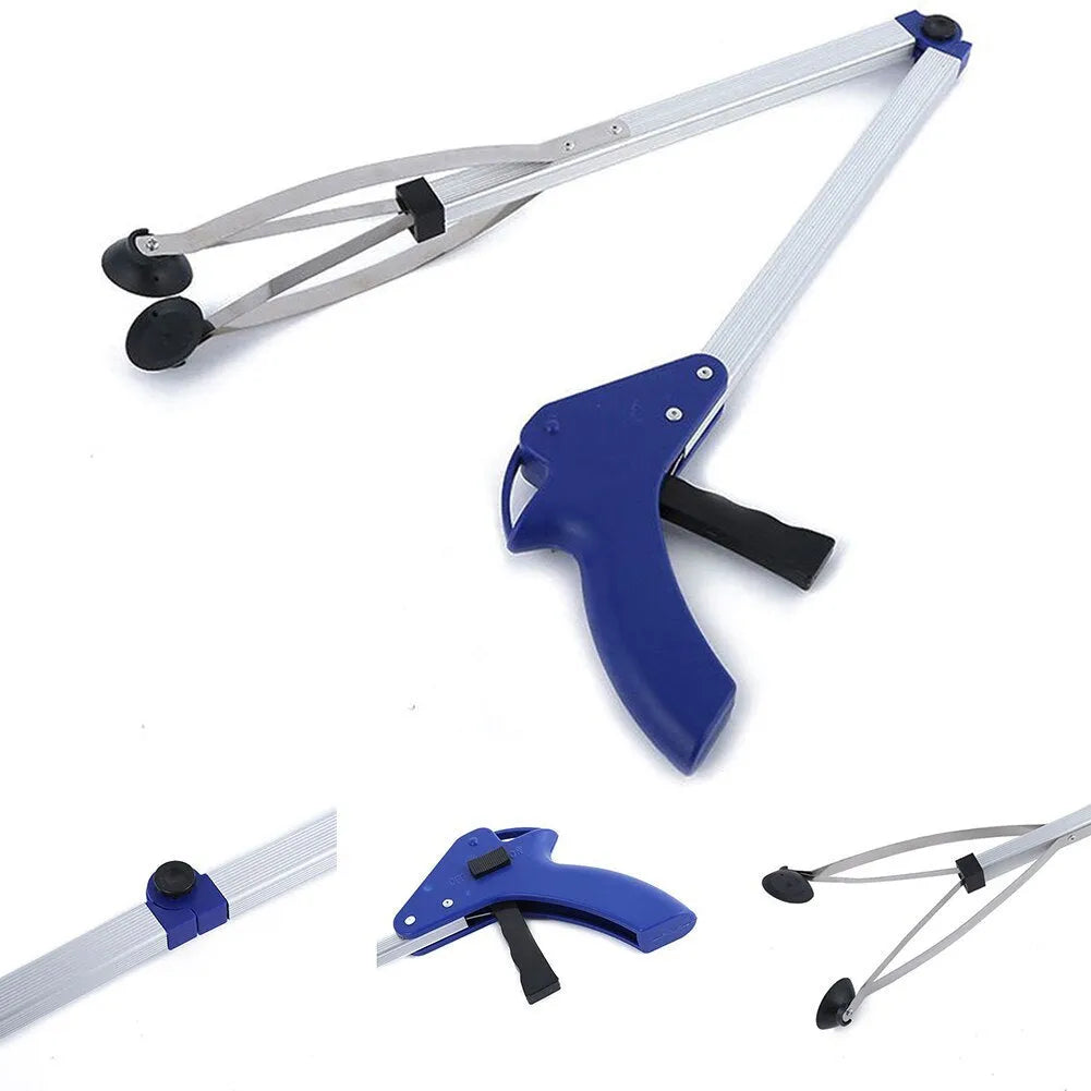 Aluminum alloy folding garbage clip with rubber chuck, extended to 81 cm, on a light background