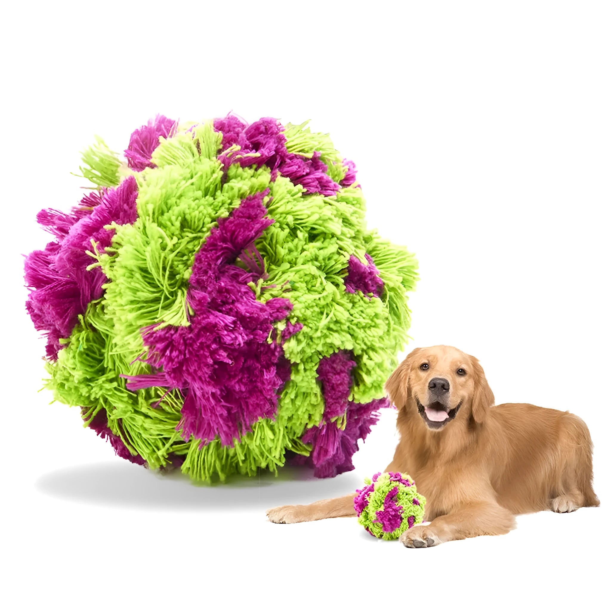 Purple plush dog toy ball with textured sea urchin design measuring 15cm diameter