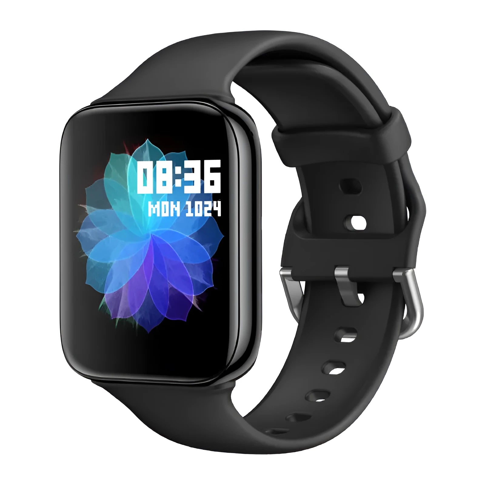 Smart fitness bracelet with touch screen on a silicone strap, showing Bluetooth call and blood pressure monitoring functions.